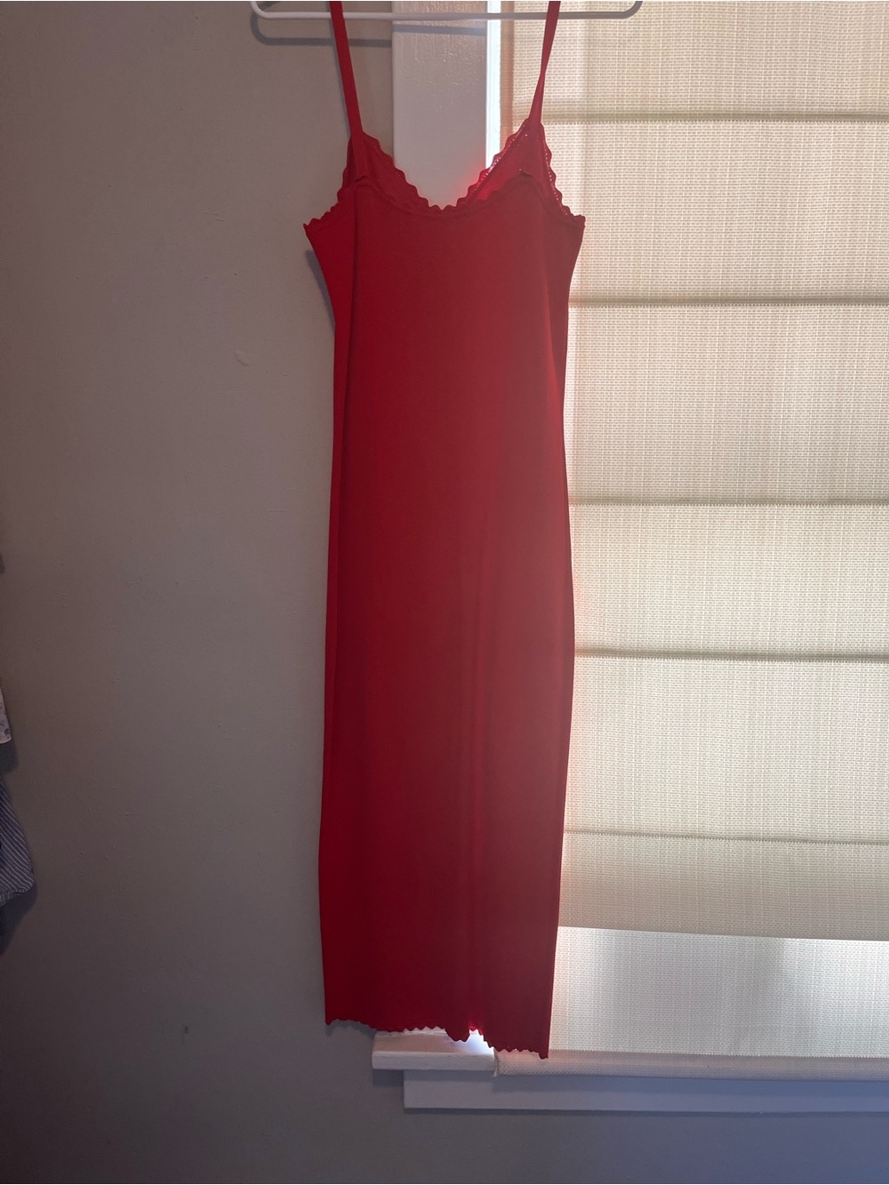 Red Slip knit Midi Dress with Lace Trim